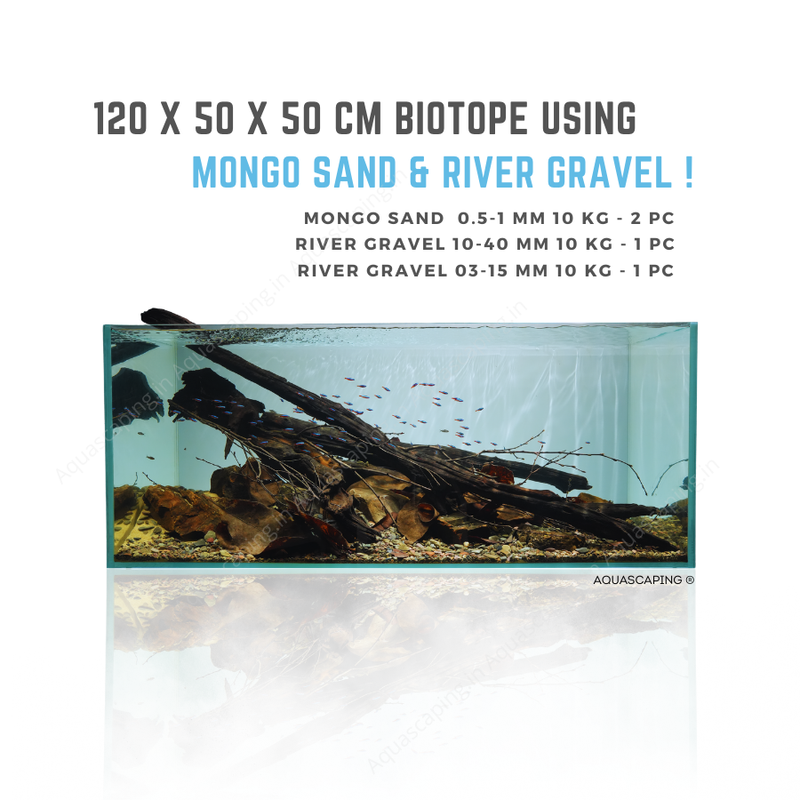 aquasand mongo sand and river gravel used in 120 cm amazon biotope aquarium final picture with river gravel and quantity used specifications